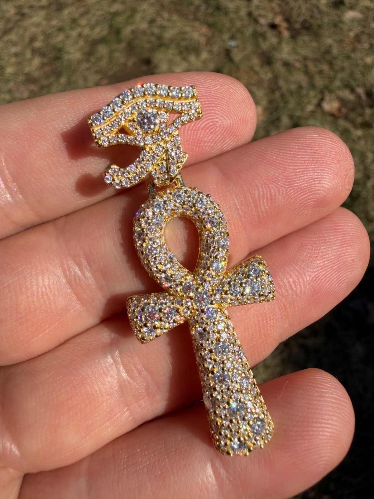 MOISSANITE Mosaic Setting Ankh W. Eye Of Horus Pendant - 14k Yellow Gold Vermeil Or 925 Silver - Medium 2"