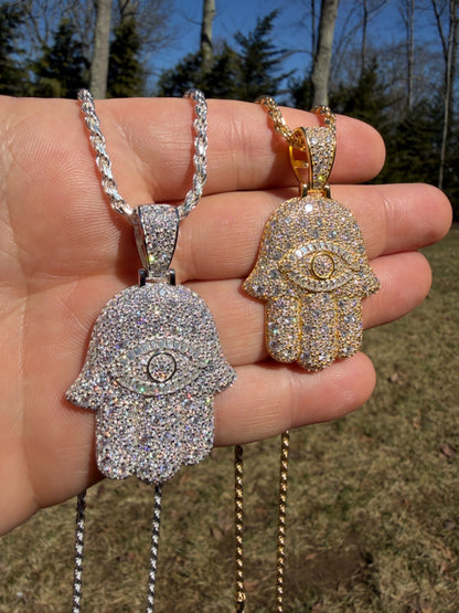 MOISSANITE Mosaic Setting Hamsa W. Evil Eye Pendant - 14k Yellow Gold Vermeil Or 925 Silver - Medium 2"