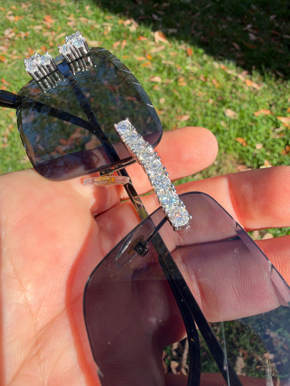 MOISSANITE Big Stone 15ct Iced Out Sunglasses - 925 Silver Buffs - Black