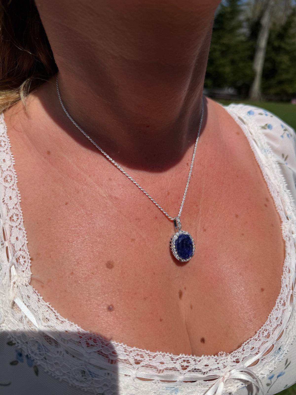 MOISSANITE Royalty Midnight Ocean Pendant - 925 Silver - Oval Genuine Blue Sapphire Stone