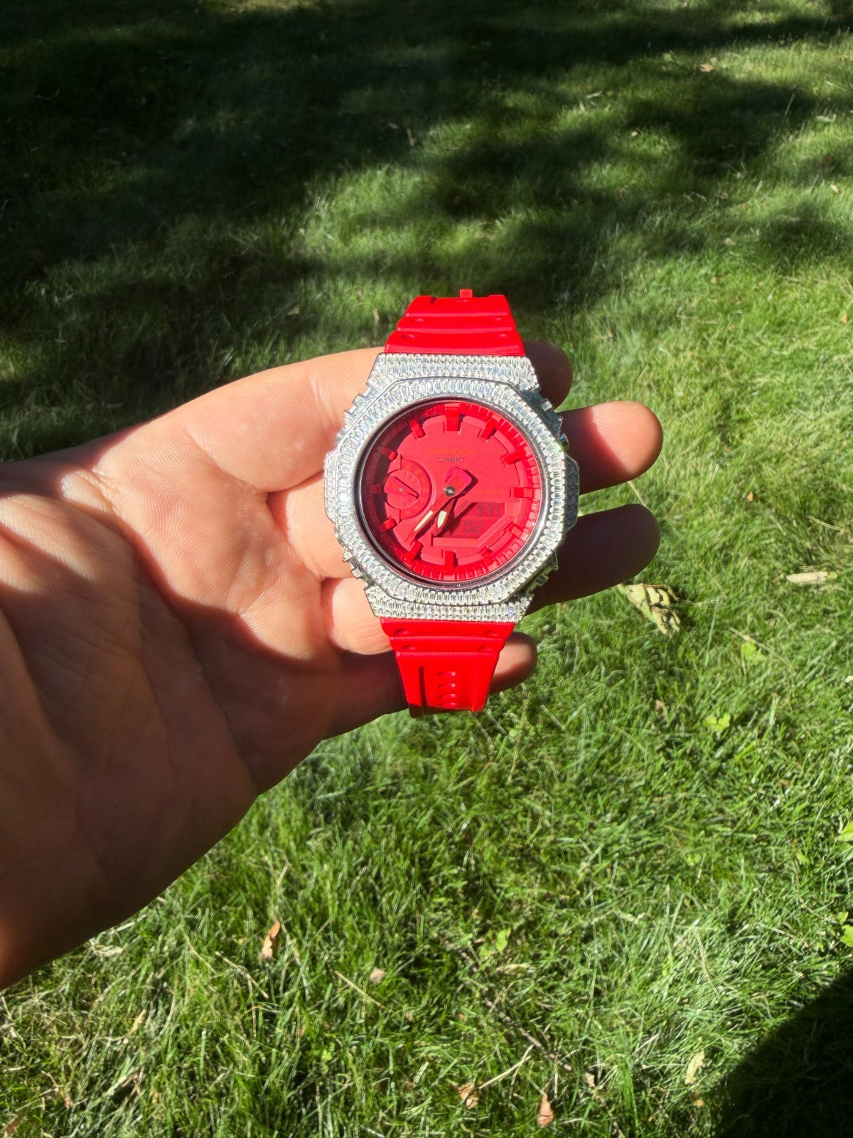 MOISSANITE Real 925 Silver Iced Baguette Red Casio G Shock GA-2100 Hip Hop Watch
