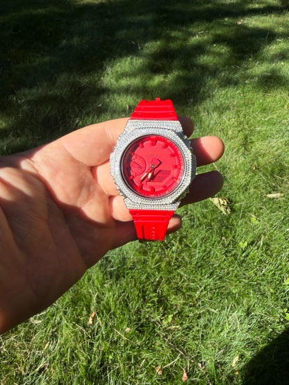MOISSANITE Real 925 Silver Iced Baguette Red Casio G Shock GA-2100 Hip Hop Watch