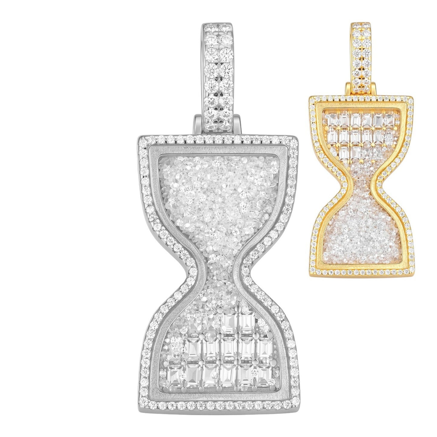MOISSANITE Floating Diamond Hourglass Pendant - 14k Yellow Gold Vermeil Or 925 Silver - Medium 2"