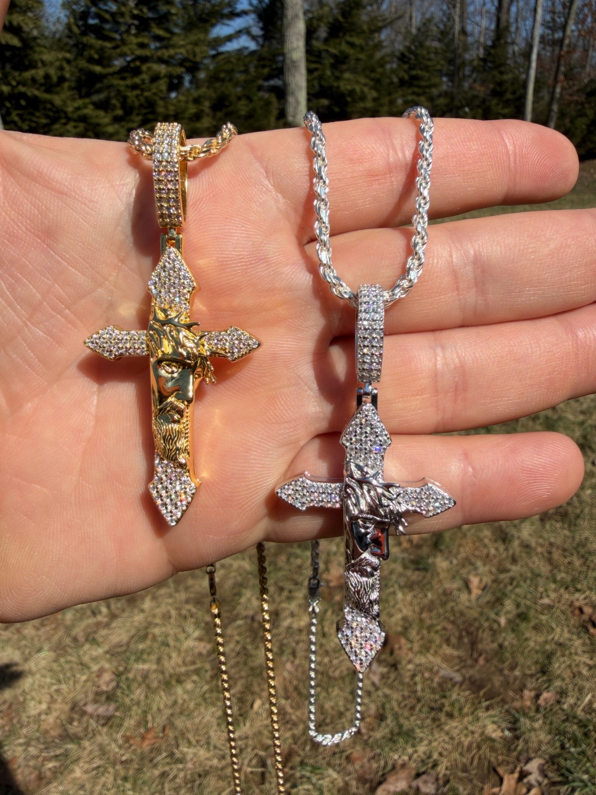 MOISSANITE Passion Of Christ Jesus On Gothic Cross Pendant - 14k Yellow Gold Vermeil Or 925 Silver - Large 2.5"