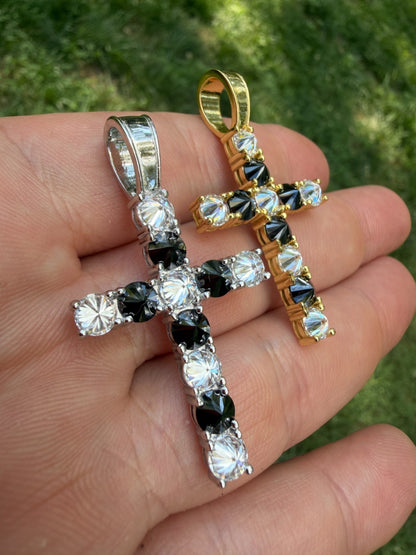 MOISSANITE Black & White Upside Down Set Cross Pendant - 14k Yellow Gold Vermeil Or 925 Silver - Medium 2"