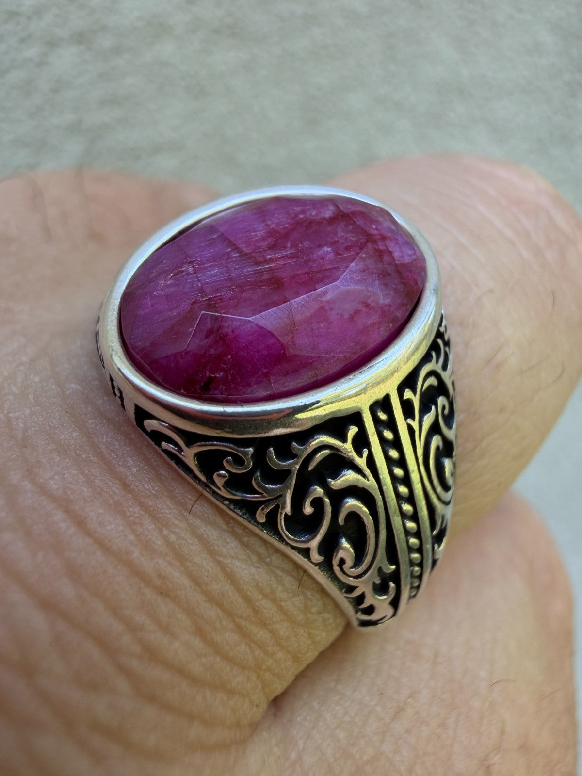 Columbian King Ring - 925 Silver Oxidized - Genuine Red Ruby Stone