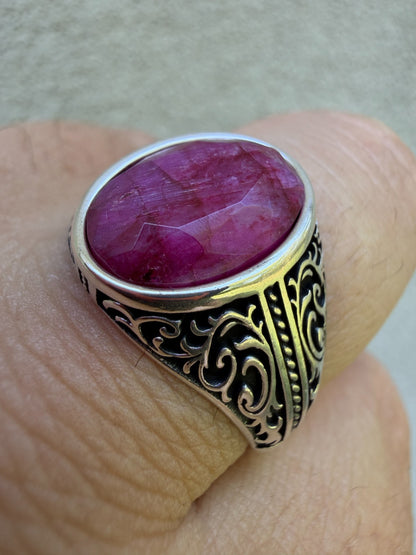 Columbian King Ring - 925 Silver Oxidized - Genuine Red Ruby Stone
