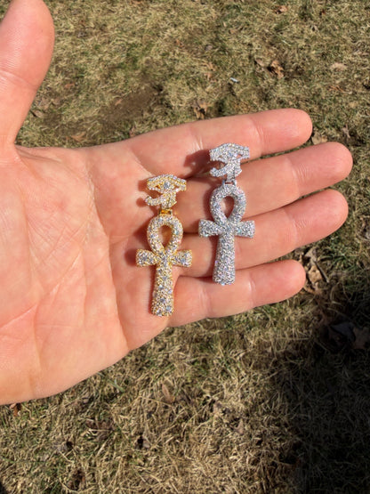 MOISSANITE Mosaic Setting Ankh W. Eye Of Horus Pendant - 14k Yellow Gold Vermeil Or 925 Silver - Medium 2"