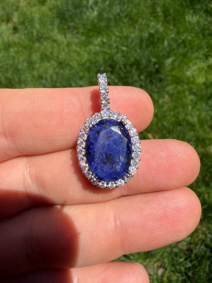 MOISSANITE Royalty Midnight Ocean Pendant - 925 Silver - Oval Genuine Blue Sapphire Stone