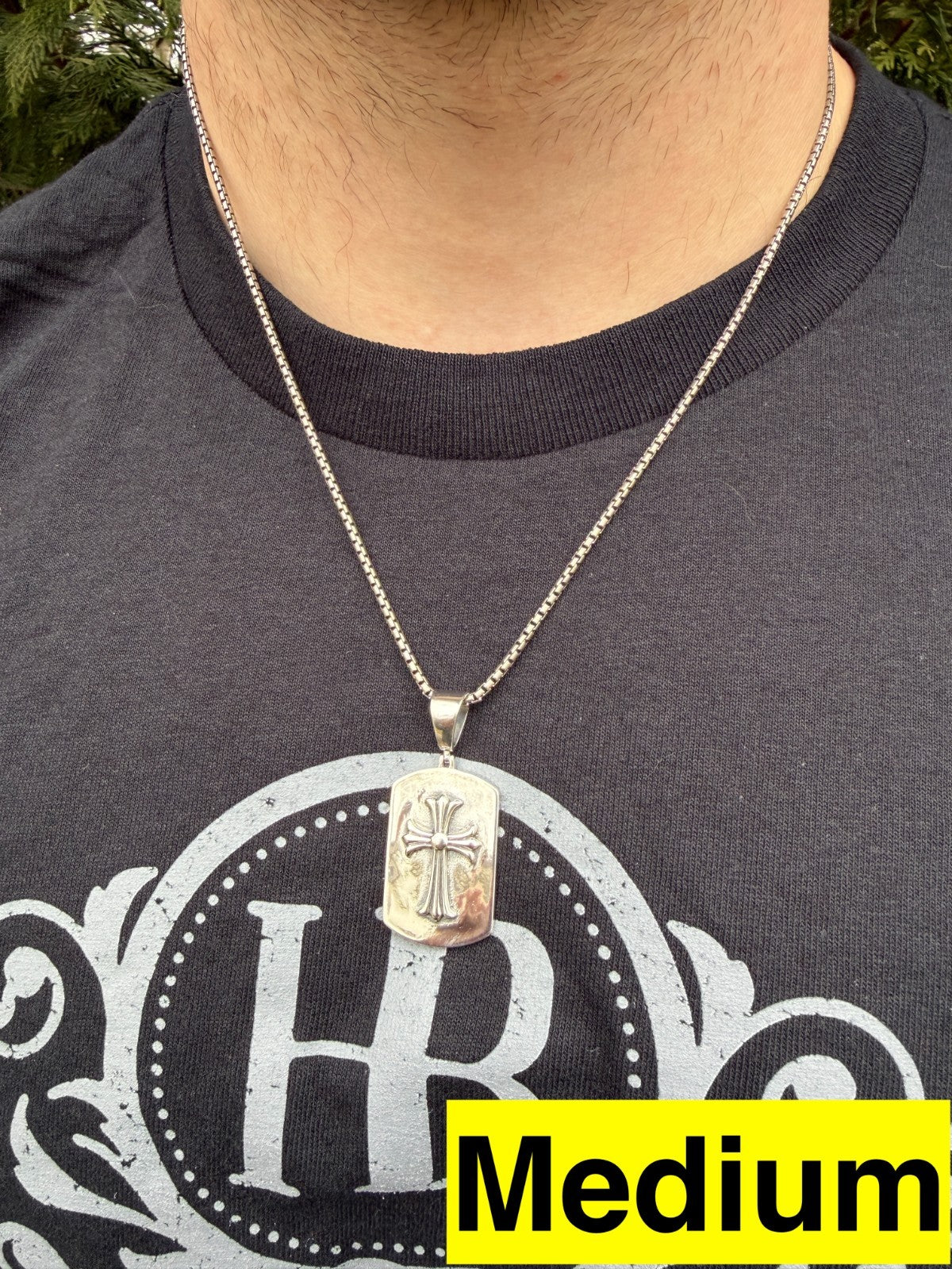 Hearts Chrome Dog Tag Cross Pendant - 925 Silver - 3 Sizes 1"-2.75"