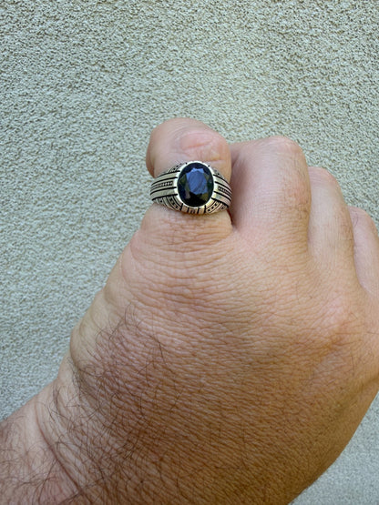 Navajo Tribe Ring - 925 Silver Oxidized - Genuine Blue Sapphire Stone