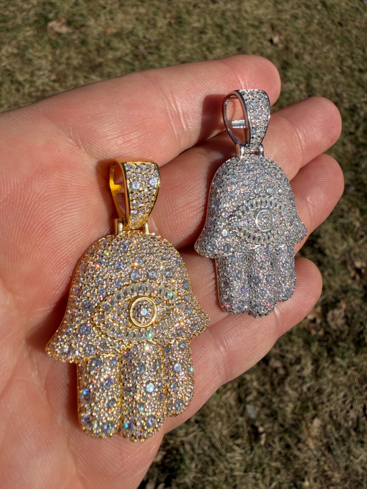 MOISSANITE Mosaic Setting Hamsa W. Evil Eye Pendant - 14k Yellow Gold Vermeil Or 925 Silver - Medium 2"