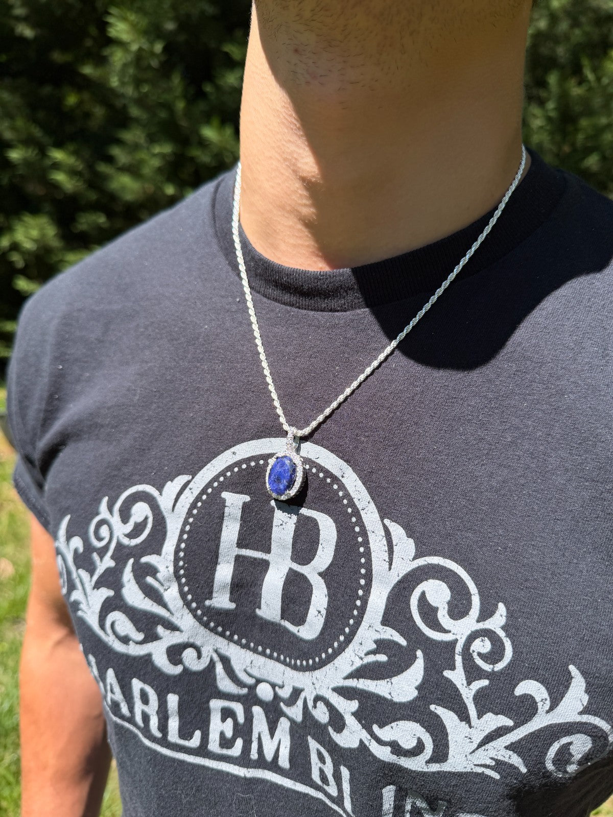 MOISSANITE Royalty Midnight Ocean Pendant - 925 Silver - Oval Genuine Blue Sapphire Stone