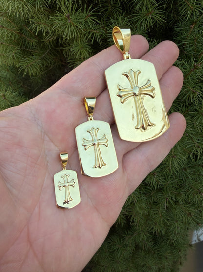Hearts Chrome Dog Tag Cross Pendant - 14k Gold Vermeil 925 Silver - 3 Sizes 1"-2.75"