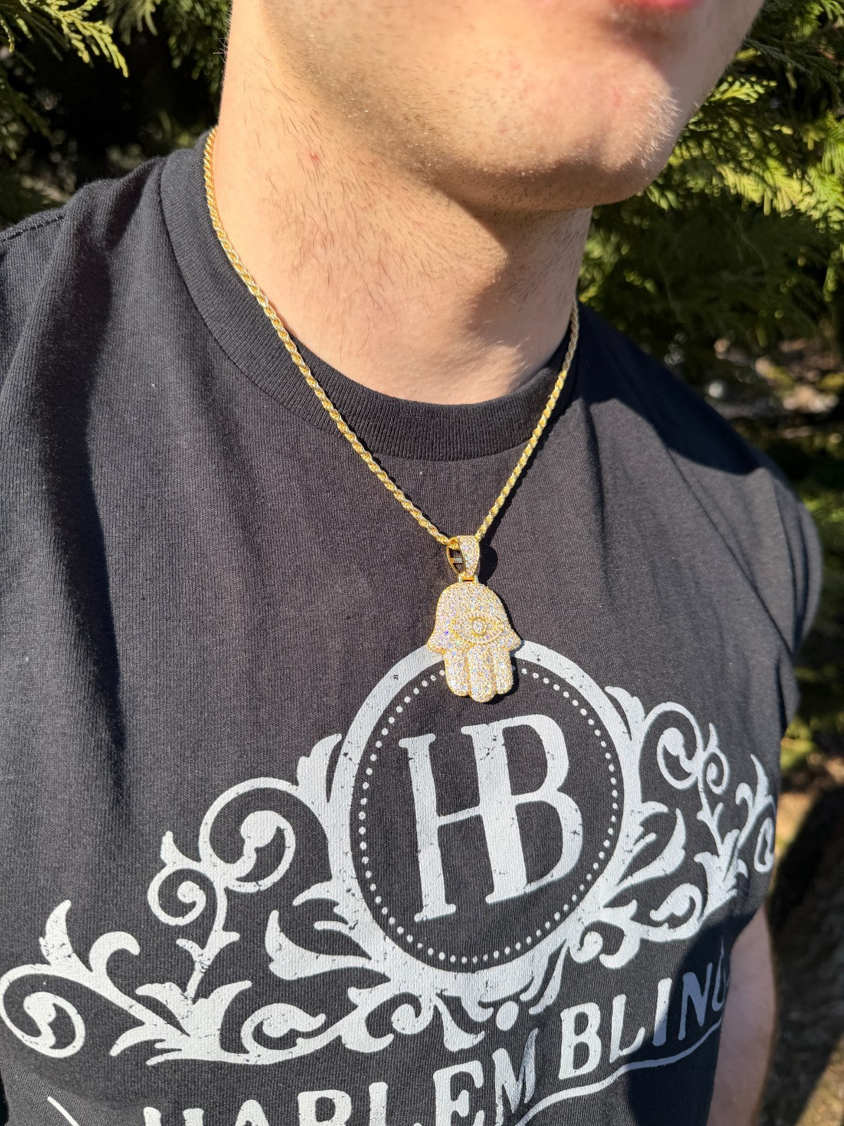 MOISSANITE Mosaic Setting Hamsa W. Evil Eye Pendant - 14k Yellow Gold Vermeil Or 925 Silver - Medium 2"