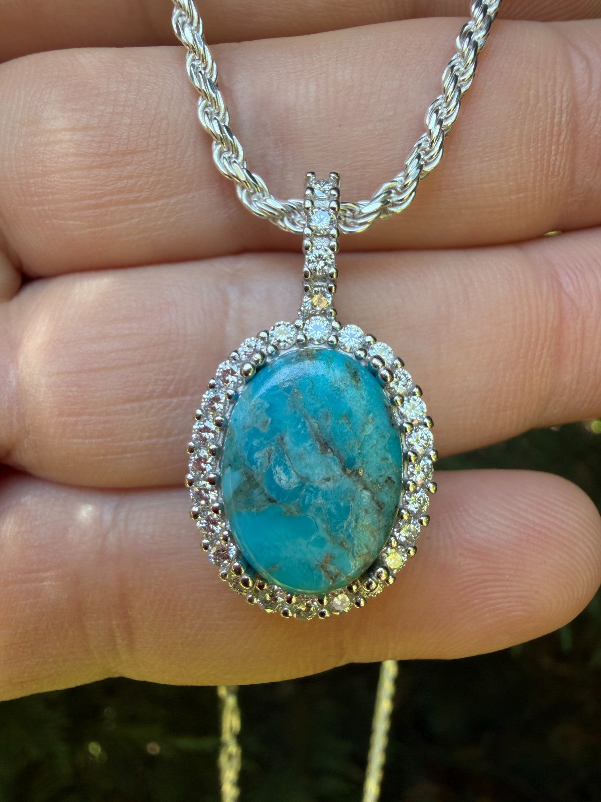 MOISSANITE Royalty Ocean Freeze Pendant - 925 Silver - Oval Genuine Blue Turquoise Stone