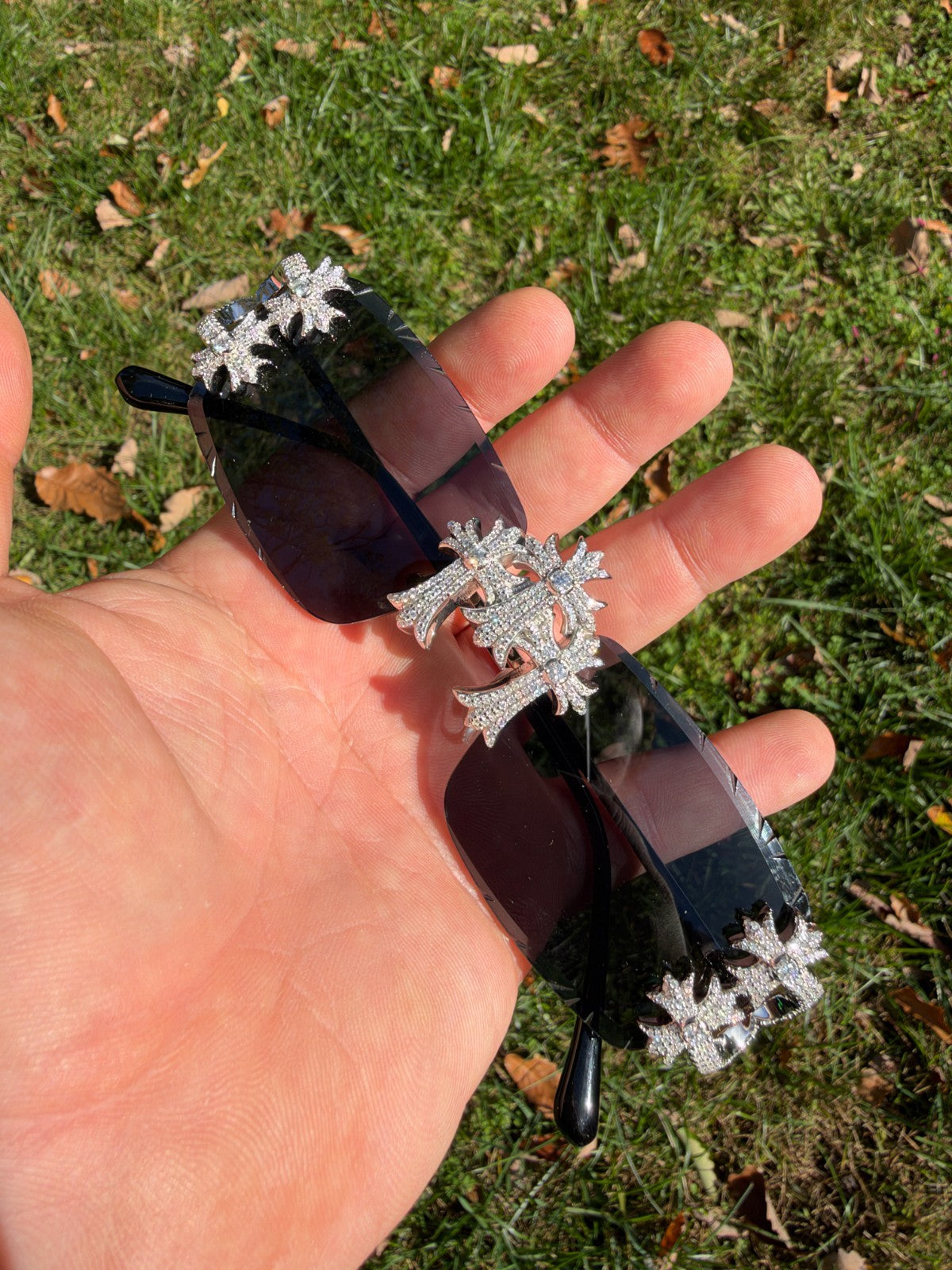 MOISSANITE Hearts Chrome Cross Iced Out Sunglasses - 925 Silver Buffs - Black