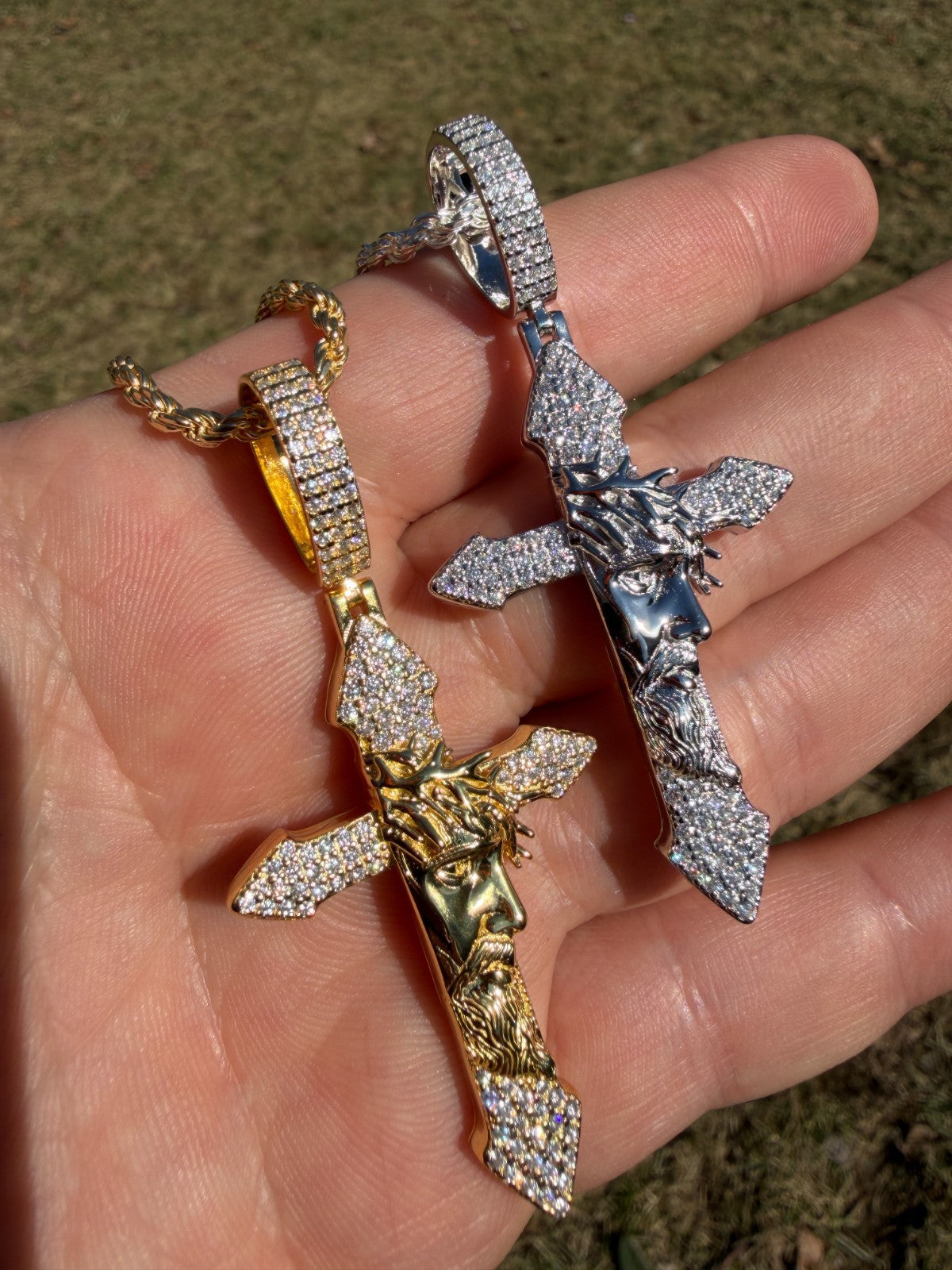 MOISSANITE Passion Of Christ Jesus On Gothic Cross Pendant - 14k Yellow Gold Vermeil Or 925 Silver - Large 2.5"