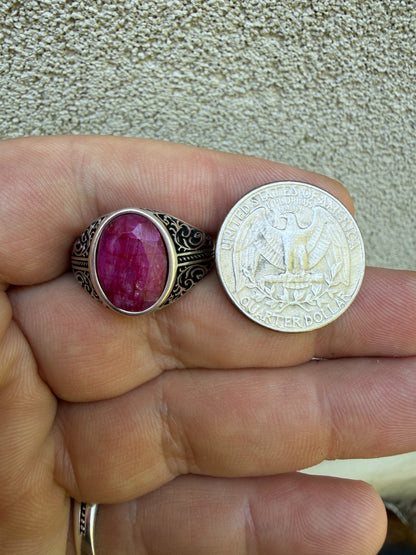 Columbian King Ring - 925 Silver Oxidized - Genuine Red Ruby Stone