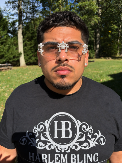 MOISSANITE Hearts Chrome Cross Iced Out Sunglasses - 925 Silver Buffs - Clear