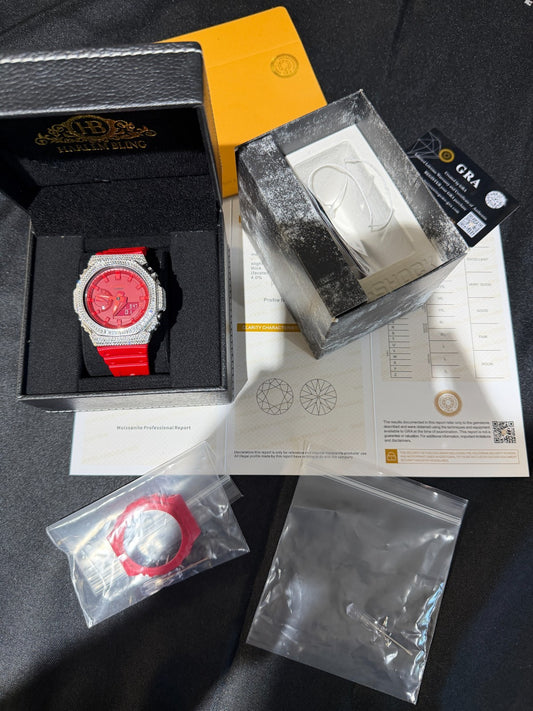 MOISSANITE Real 925 Silver Iced Baguette Red Casio G Shock GA-2100 Hip Hop Watch