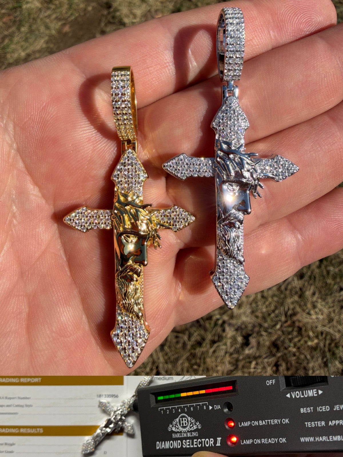 MOISSANITE Passion Of Christ Jesus On Gothic Cross Pendant - 14k Yellow Gold Vermeil Or 925 Silver - Large 2.5"