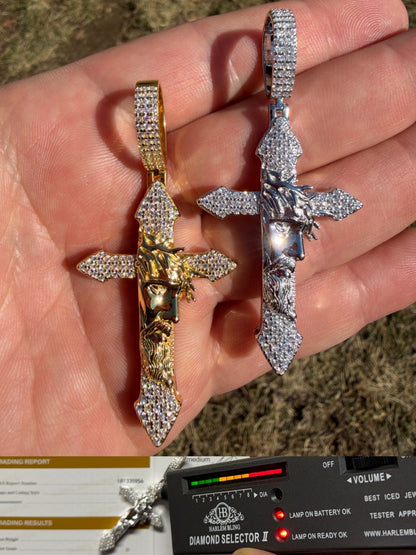 MOISSANITE Passion Of Christ Jesus On Gothic Cross Pendant - 14k Yellow Gold Vermeil Or 925 Silver - Large 2.5"