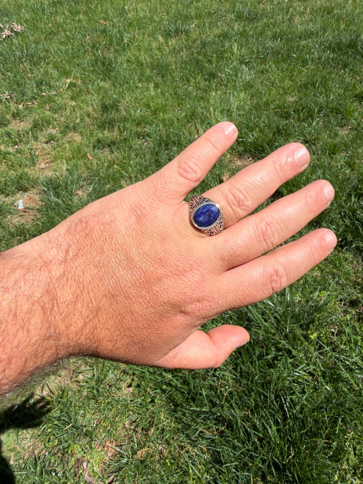 Columbian King Ring - 925 Silver Oxidized - Genuine Blue Sapphire Stone