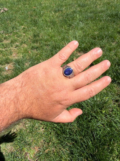 Columbian King Ring - 925 Silver Oxidized - Genuine Blue Sapphire Stone