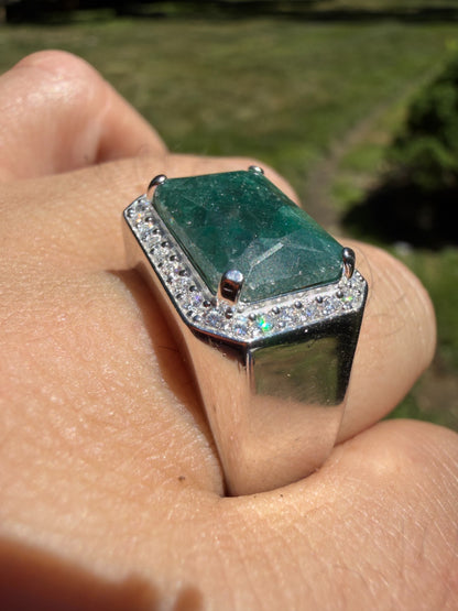 MOISSANITE Fortress Ring - 925 Silver - Genuine Green Emerald Stone