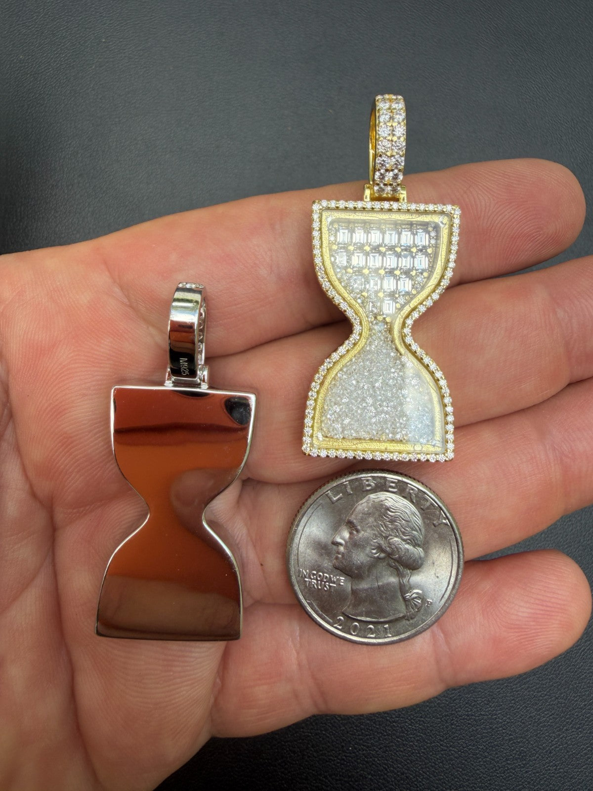 MOISSANITE Floating Diamond Hourglass Pendant - 14k Yellow Gold Vermeil Or 925 Silver - Medium 2"