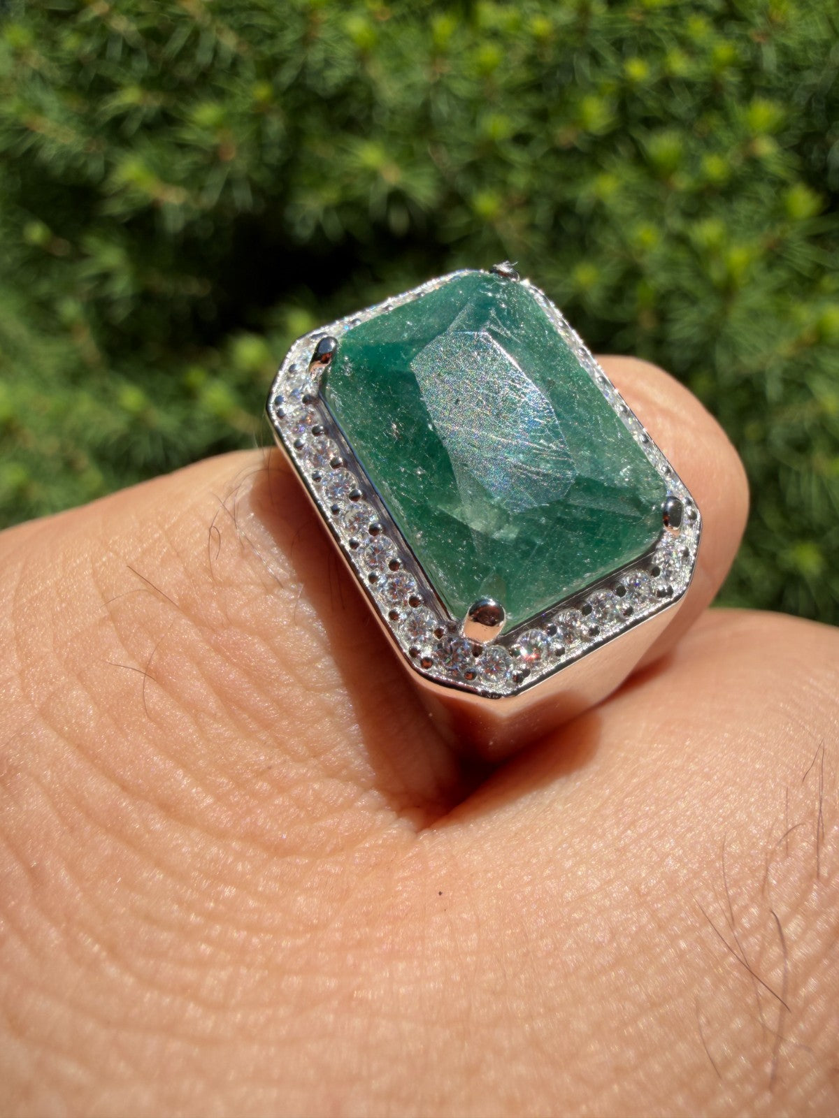MOISSANITE Fortress Ring - 925 Silver - Genuine Green Emerald Stone
