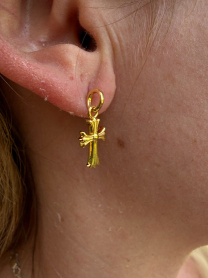 Hearts Of Chrome Studs W. Dangle Cross Earrings - 14k Gold Vermeil 925 Silver