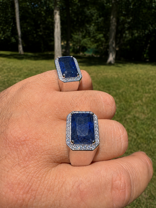 MOISSANITE Fortress Ring - 925 Silver - Genuine Blue Sapphire Stone