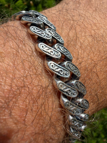 Mens Custom 12mm Hawaiian Scroll Miami Cuban Link Bracelet Real 925 Silver