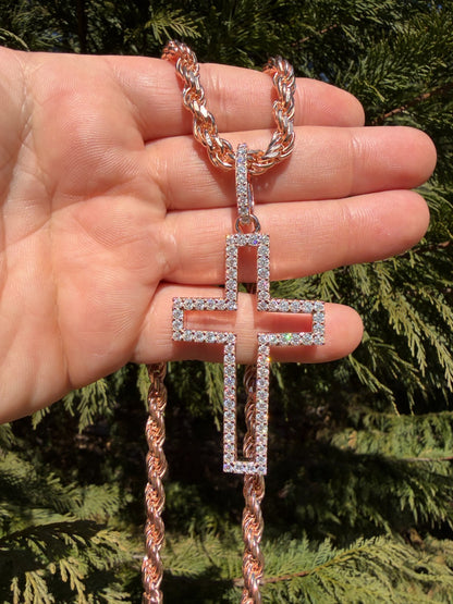 MOISSANITE Classic Cross Cutout Pendant - 14k Rose Gold Vermeil 925 Silver - 3 Sizes 1.33"-3"
