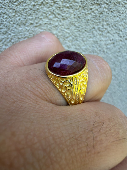 Columbian King Ring - 14k Gold Vermeil 925 Silver - Genuine Red Ruby Stone