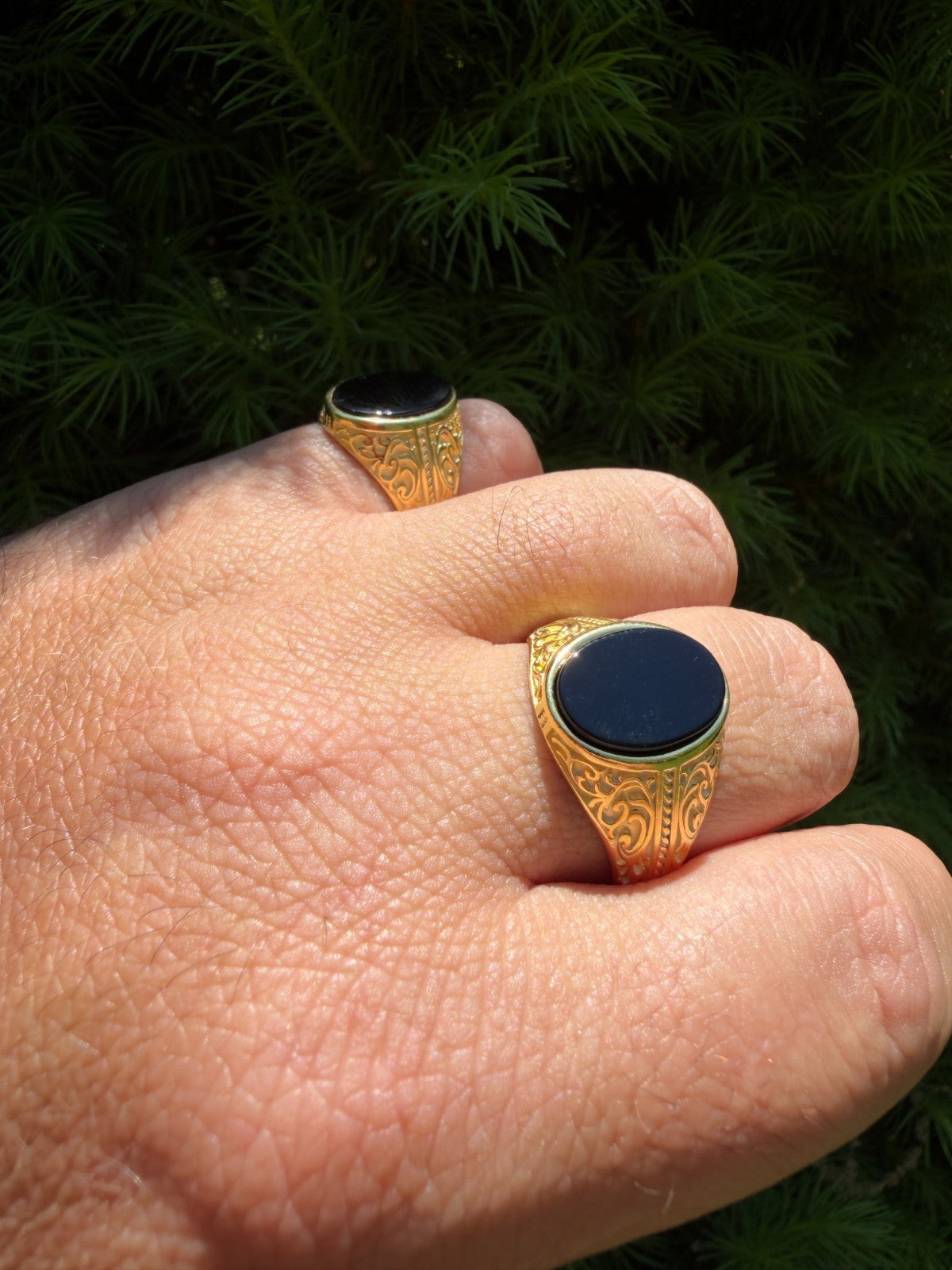 Columbian King Ring - 14k Gold Vermeil 925 Silver - Genuine Black Onyx Stone