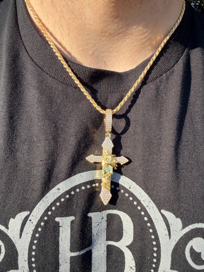 MOISSANITE Passion Of Christ Jesus On Gothic Cross Pendant - 14k Yellow Gold Vermeil Or 925 Silver - Large 2.5"