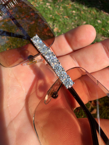 MOISSANITE Big Stone 15ct Iced Out Sunglasses - 925 Silver Buffs - Light Brown