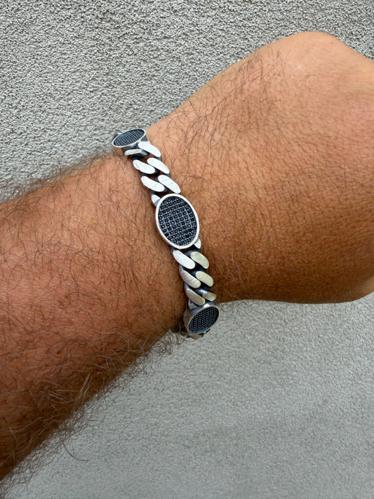 Mens Miami Cuban Link Bracelet W. Iced Out Black CZ Stones - 925 Silver - 8.5" - 12mm