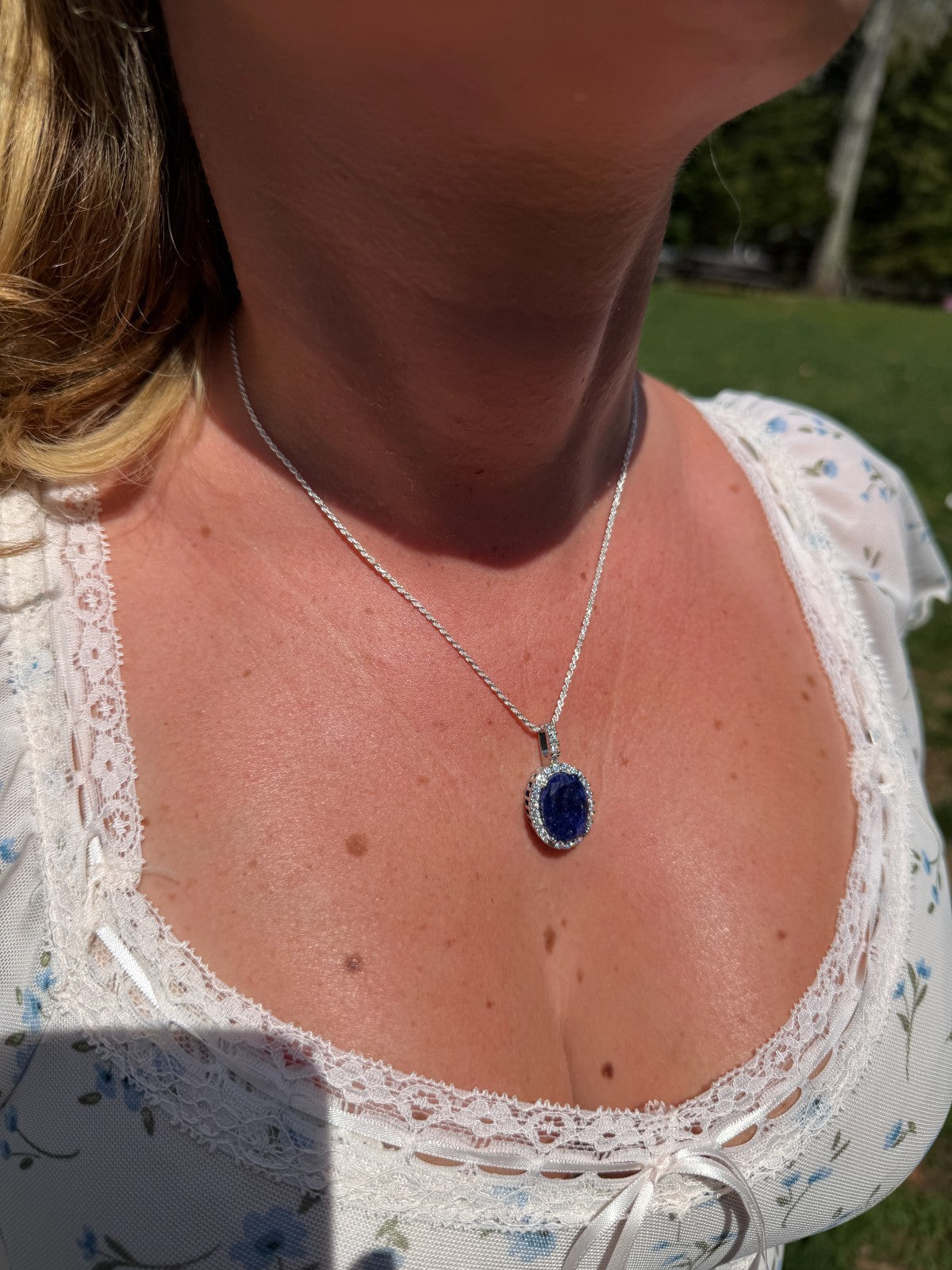 MOISSANITE Royalty Midnight Ocean Pendant - 925 Silver - Oval Genuine Blue Sapphire Stone