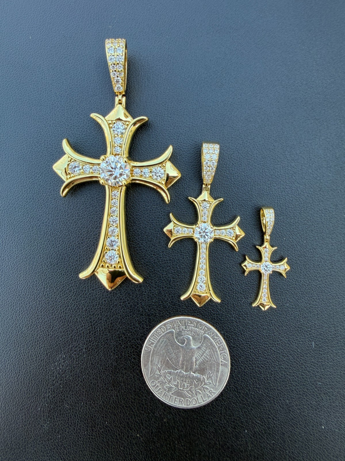 MOISSANITE Hearts Chrome Cross Pendant - 14k Gold Vermeil 925 Silver - 3 Sizes 0.75"-2.75"