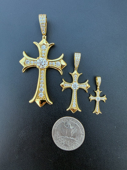MOISSANITE Hearts Chrome Cross Pendant - 14k Gold Vermeil 925 Silver - 3 Sizes 0.75"-2.75"