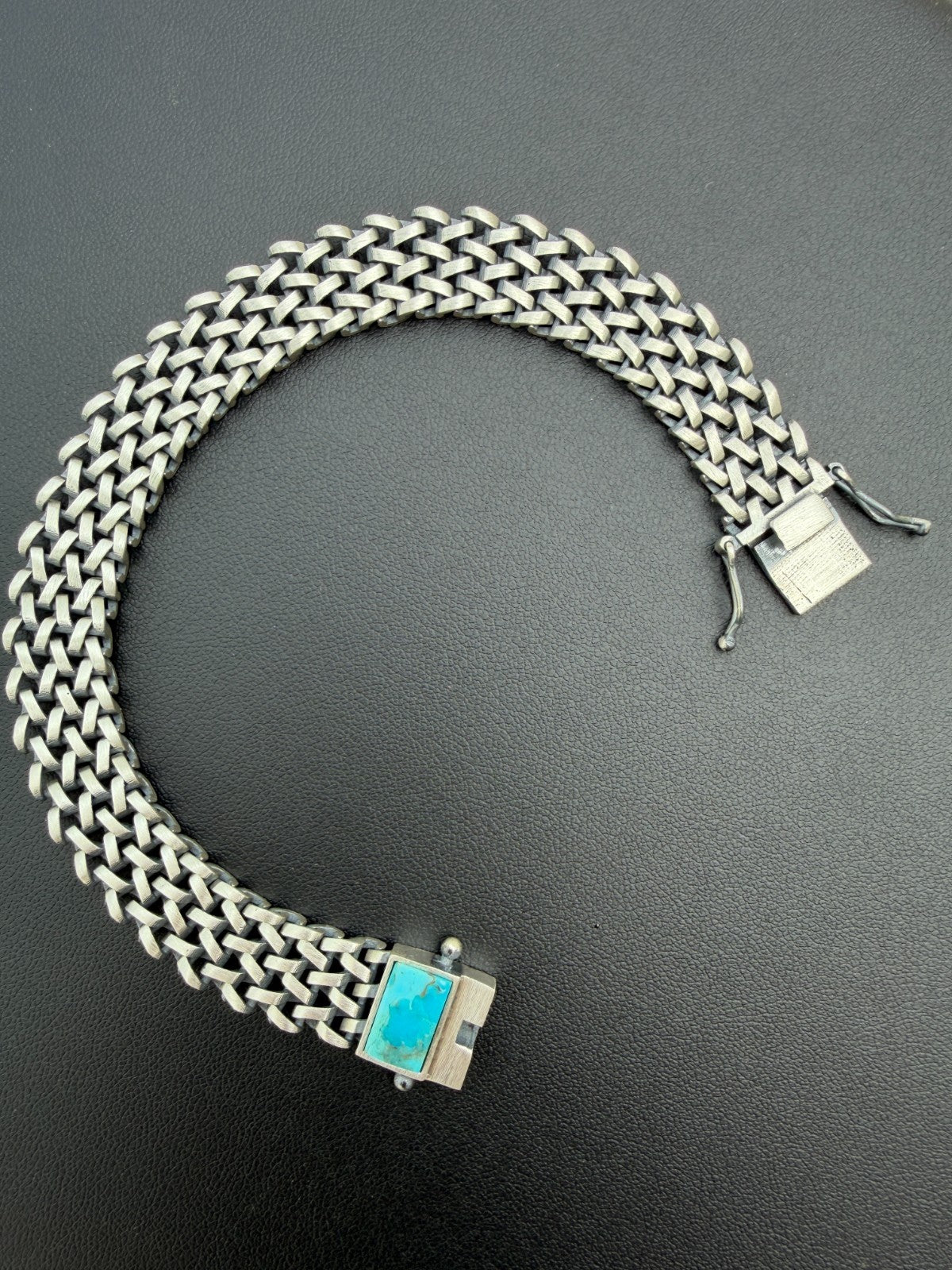 Mens Turquoise Wheat Woven Link Bracelet - 925 Sterling Silver - 8.5" - 12mm
