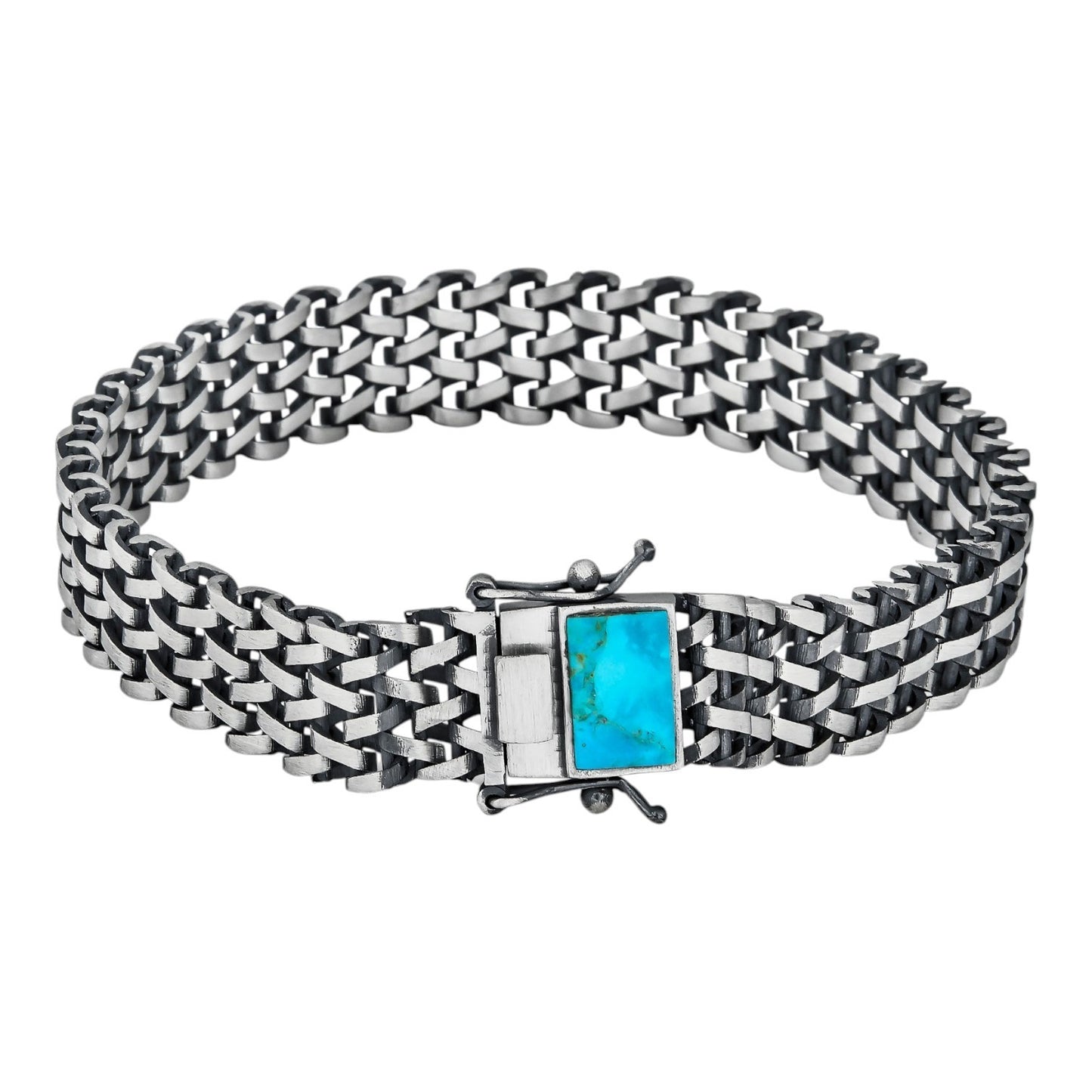 Mens Turquoise Wheat Woven Link Bracelet - 925 Sterling Silver - 8.5" - 12mm