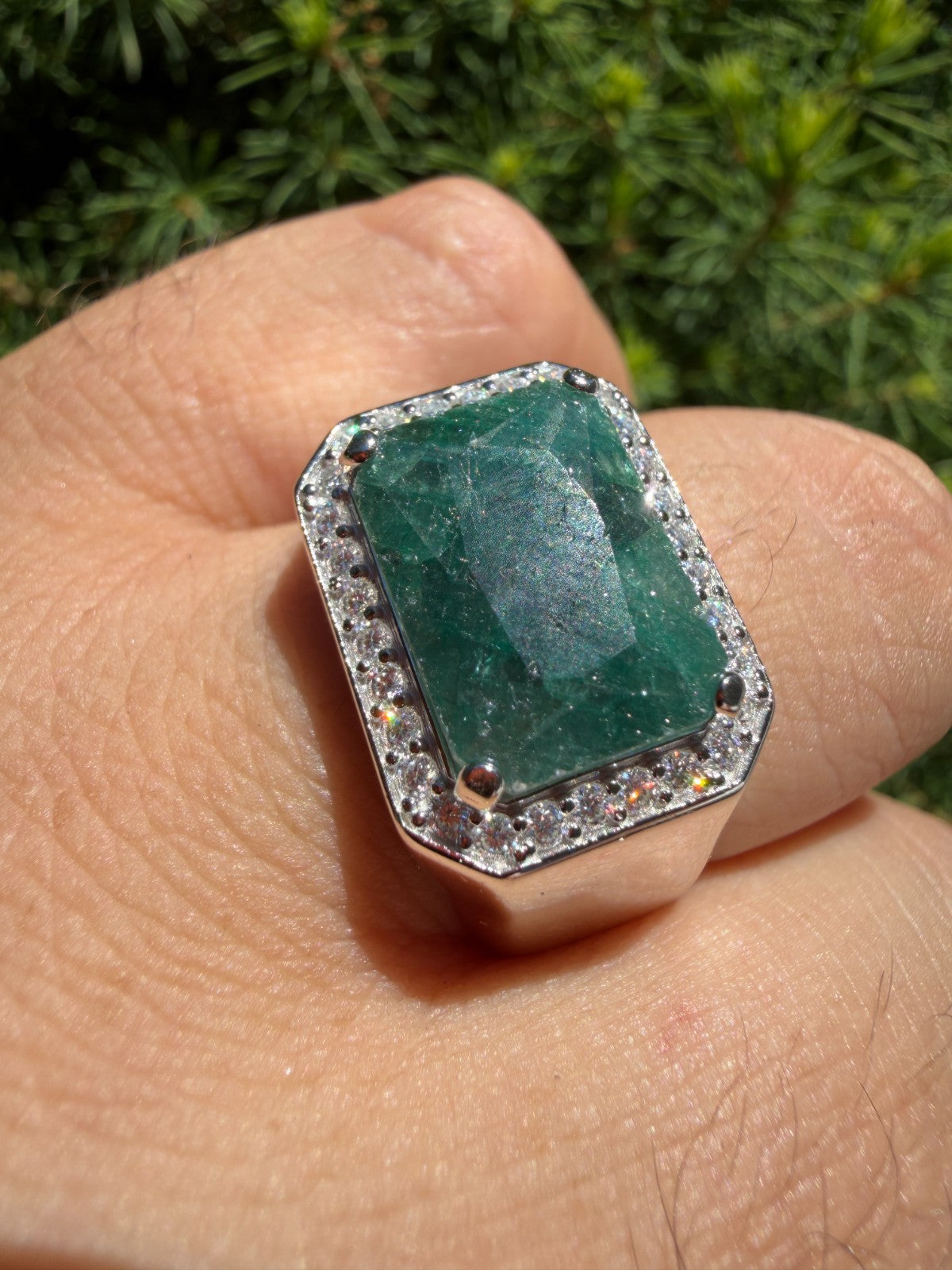 MOISSANITE Fortress Ring - 925 Silver - Genuine Green Emerald Stone