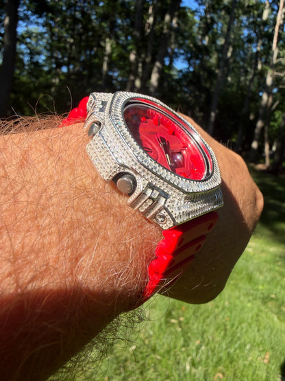 MOISSANITE Real 925 Silver Iced Baguette Red Casio G Shock GA-2100 Hip Hop Watch