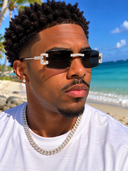 MOISSANITE Baguette Custom Iced Out Sunglasses - 925 Silver Buffs - Black