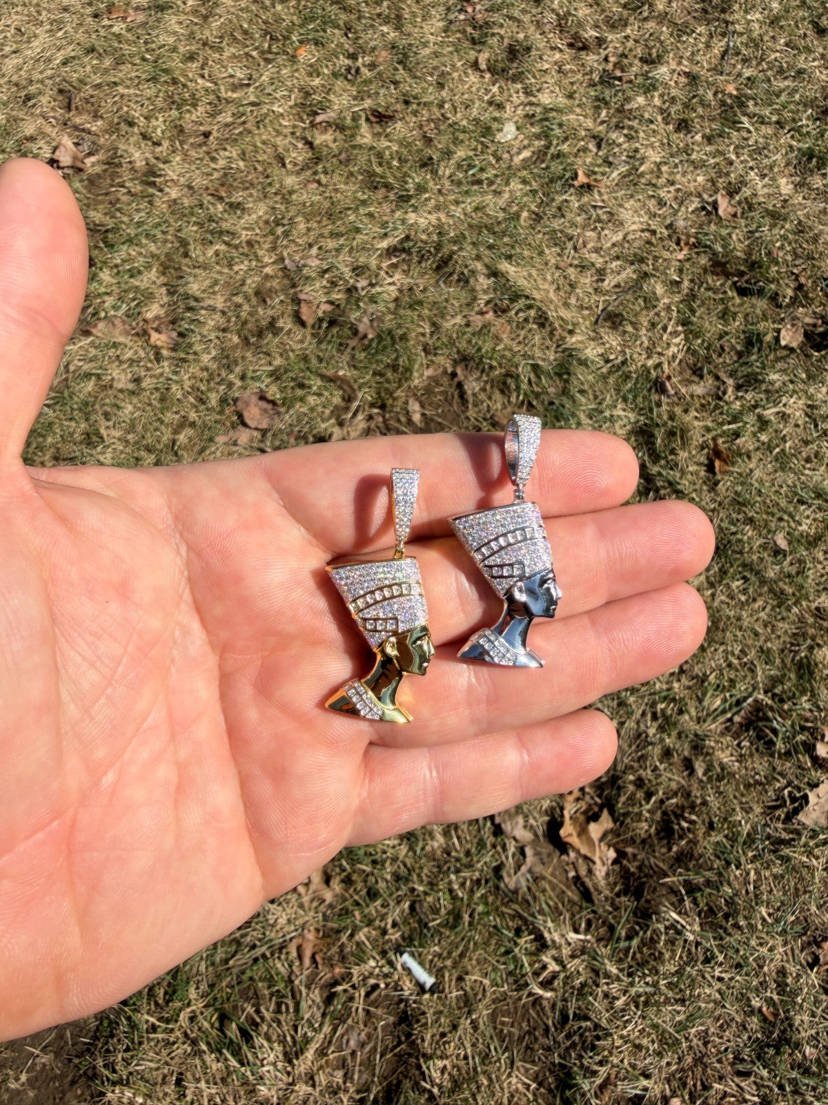 MOISSANITE Hip Iced Out Egyptian Queen Nefertiti Pendant - 14k Yellow Gold Vermeil Or 925 Silver - Medium 1.75"